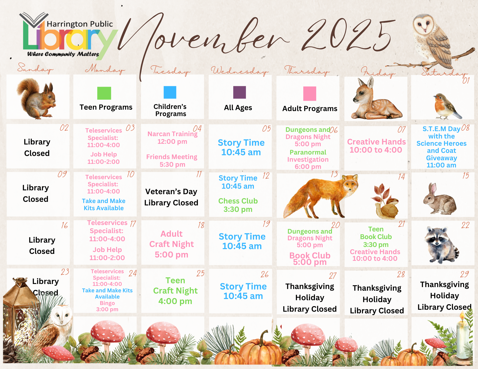 Harrington Library November Calendar of Events In English
